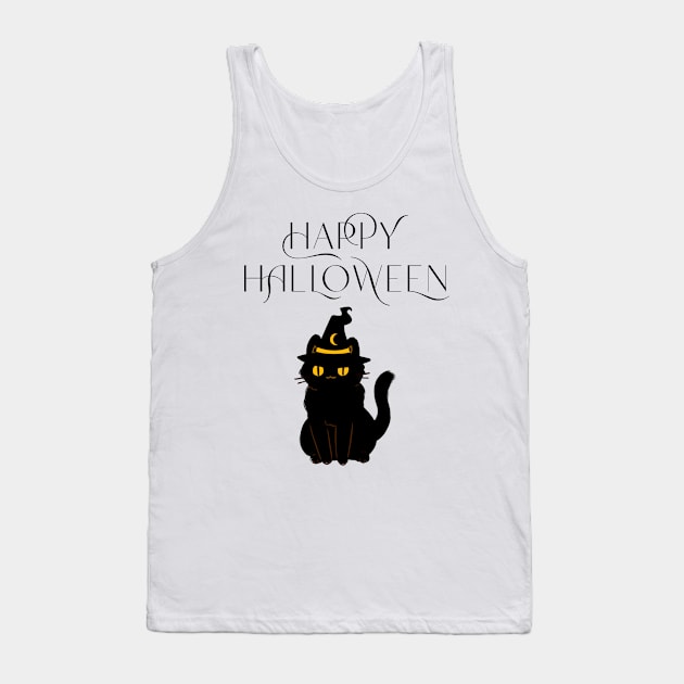 Cute Happy Halloween Black Cat Witch Hat T-Shirt/Halloween Apparel/Black Cat Merchandise/Fall Festival Material Tank Top by The Bunni Burrow